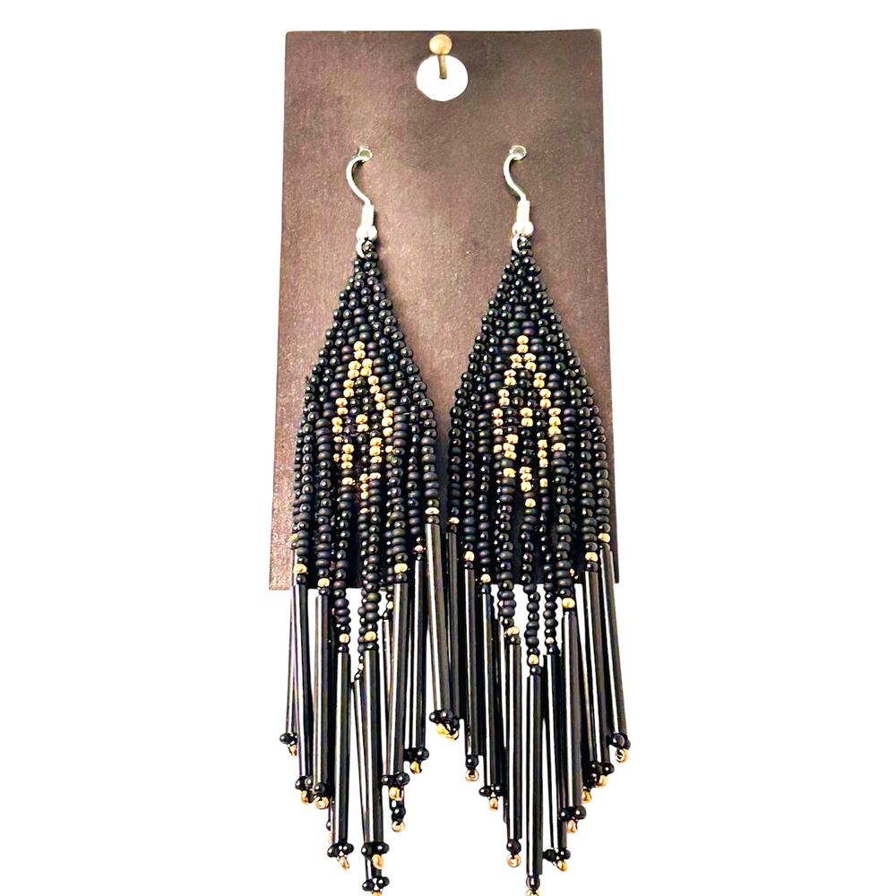 Handmade Beaded Boho Fringe Earrings Black Gold Statement Dangle NEW